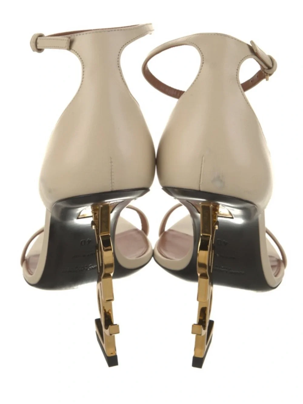 Saint Laurent Cream Ankle-Strap Sandal with Gold YSL Logo Heel - Picture 3 of 3